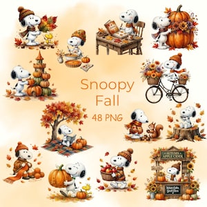 May include: A digital collection of Snoopy illustrations featuring autumn themes, including Snoopy with pumpkins, fall leaves, a bicycle, a tree, and an apple cider stand. The text Snoopy Fall 48 PNG is centred in the middle of the graphic set.