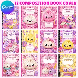May include: A collection of 12 composition book covers featuring kawaii-style illustrations of smiling dumplings, school supplies, and backpacks in shades of pink, yellow, and purple, with the text Composition Book on each individual cover design.