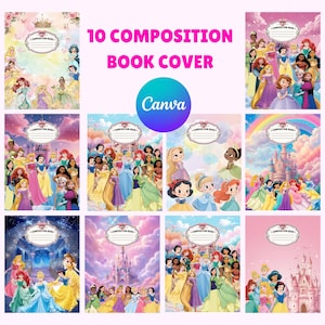 May include: A collection of 10 composition book covers featuring various illustrated princess characters, castles, rainbows, and starry skies. Each cover includes a central white label with the text Composition Book and lines for writing.