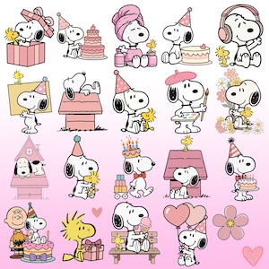Rosa Snoopy akvarell digitalkit, Snoopy Clipart, Jordnötter, Födelsedagshund