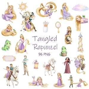 Puede incluir: Una colección digital de 96 imágenes PNG que muestra a Rapunzel, Flynn Rider, el caballo Maximus y el camaleón Pascal en varias poses, junto con una torre, una linterna y pinceles, con el texto Tangled Rapunzel 96 PNG en el centro.