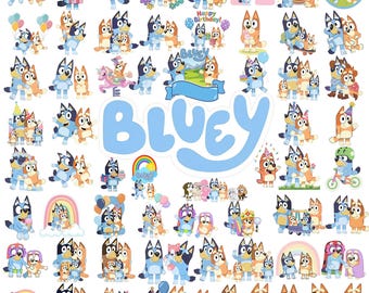 Paquete de imágenes PNG de Bluey, imágenes prediseñadas de cumpleaños de Bluey, más de 60 diseños de invitaciones para fiestas infantiles con camisetas de Bluey, familia de perros de dibujos animados (descarga digital).