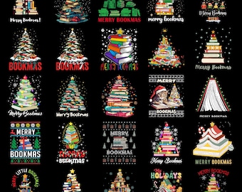 Paquete PNG de Feliz Navidad, Clipart de Árbol de Libros Navideño, Descarga Digital con Frases de Lectura Navideñas, Diseño de Sublimación Divertido para Amantes de los Libros