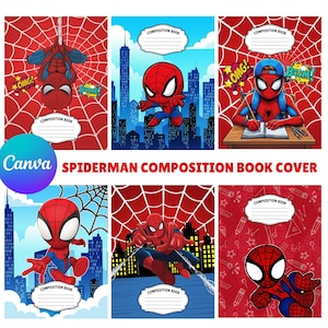 May include: A collection of six Spider-Man composition book covers featuring the character in various poses against cityscapes, red spiderweb patterns, and school-themed backgrounds. Each cover includes a white label with the text COMPOSITION BOOK.