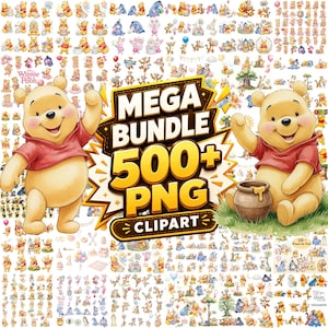 May include: A digital collection of Winnie the Pooh character illustrations featuring over 500 PNG clipart files. The central graphic displays the text MEGA BUNDLE 500+ PNG CLIPART, surrounded by numerous small, colorful scenes of Pooh and friends.
