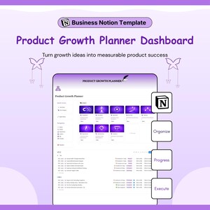 May include: A digital Product Growth Planner dashboard template for Notion. The interface features a purple color scheme with sections for categories like Acquisition, Activation, and Retention, plus a task list with status indicators and text.