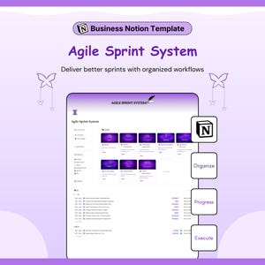 May include: A digital Notion template titled Business Notion Template Agile Sprint System. The interface features a purple gradient theme with organised workflows, task categories, and navigation menus. Includes icons for Organize, Progress, and Execute.