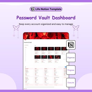 May include: A digital Notion template dashboard titled Password Vault Dashboard with the text Keep every account organized and easy to manage. The interface displays a grid of account icons, a list of passwords, and three vertical buttons labeled Organize, Progress, and Execute.