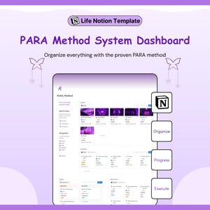 Può includere: Una dashboard digitale con modello Notion per il sistema di metodo PARA. L'interfaccia presenta sezioni per aree, progetti, attività e risorse con accenti viola. Il testo include Life Notion Template, PARA Method System Dashboard e Organize, Progress, Execute.