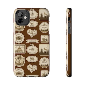 Espresso Brown Wanderlust Phone Case | Vintage Travel Patches Tough Case