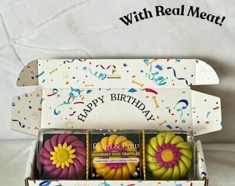 Olvídate de las galletas: caja de cumpleaños para perros con trufas gourmet (sin colorantes, con colores de superalimentos, sin gluten).