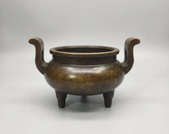 Vintage Bronze Incense Burner Tripod Censer with Classic Handles D0010
