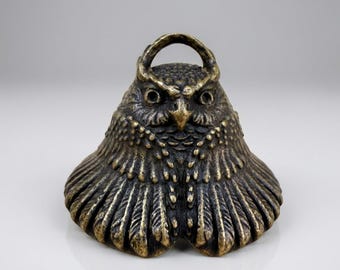Vintage Brass Owl Bell Figurine – Small Retro Desk Ornament, Rustic Home Decor  H0034