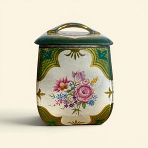 Op de afbeelding: Een vintage metalen doos met een scharnierend deksel en een gouden handvat. De container is beschilderd met een bloemenboeket in tinten roze, paars en blauw tegen een witte achtergrond. De randen zijn versierd met groene en gouden filigraan.