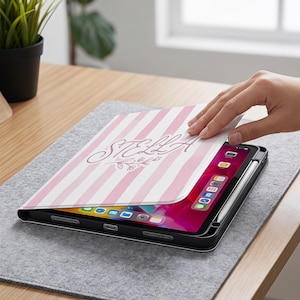 Custom Cursive Name Pink Watercolor Stripe iPad Case With Pencil Holder, Sprig Personalized Folio Cover, Striped Book Style Tablet Sleeve