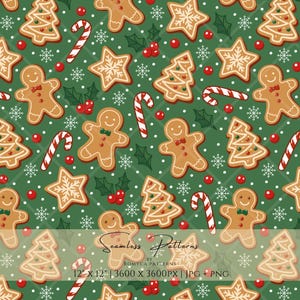 May include: A seamless pattern on a green background featuring gingerbread people, Christmas trees, candy canes, stars with white icing, holly berries, and white snowflakes. The text Seamless Patterns by Romyca Patterns 12x12 3600x3600px is visible.