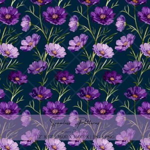 Op de afbeelding: Een naadloos digitaal patroon met paarse en lichtlavendelkleurige cosmosbloemen met groene stengels en bladeren op een donker marineblauwe achtergrond met een subtiel diagonaal raster. De tekst luidt Seamless Patterns by Romyca Patterns 30,48 cm x 30,48 cm.