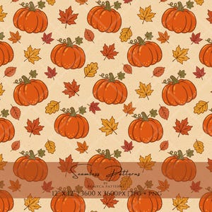May include: A seamless digital pattern featuring orange pumpkins with green stems and various autumn leaves in shades of red, orange, and yellow on a light beige background. The text Seamless Patterns by Romyca Patterns 12 x 12 3600 x 3600px JPG PNG is visible.