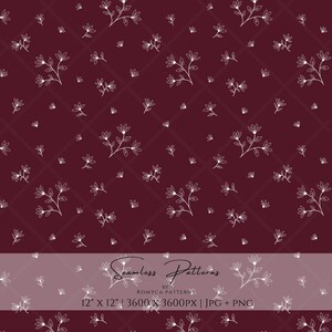 May include: A seamless digital pattern featuring white line-art floral sprigs scattered across a deep burgundy background. A semi-transparent overlay at the bottom displays the text: Seamless Patterns by Romyca Patterns 12" x 12" | 3600 x 3600PX | JPG + PNG.