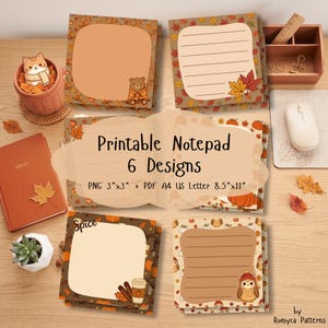 May include: A set of six printable notepad designs featuring autumn themes with pumpkins, leaves, owls, and bears. The text reads Printable Notepad 6 Designs PNG 7.62cm x 7.62cm + PDF A4. The collection includes various lined and blank stationery sheets.