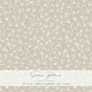 Könnte beinhalten: Ein nahtloses Muster mit weißen Strichzeichnungen von Blumen und Blättern auf hellbeigem Hintergrund. Der Text lautet: Seamless Patterns by Romyca Patterns, 12" x 12" | 3600 x 3600PX | JPG + PNG. Das Design besteht aus sich wiederholenden Blumenmotiven.