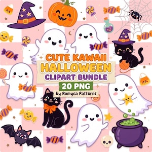 Könnte beinhalten: Ein digitales Clipart-Set mit niedlichen Halloween-Illustrationen wie weißen Geistern, schwarzen Katzen, einem Kürbis, einer Fledermaus, einem Kessel, Süßigkeiten und einem Hexenhut auf rosa kariertem Hintergrund mit dem Text CUTE KAWAII HALLOWEEN CLIPART BUNDLE 20 PNG.