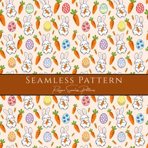 Könnte beinhalten: Nahtloses Muster mit weißen Hasen, die Karotten halten, orangefarbenen Karotten und verzierten Ostereiern auf hellrosa Hintergrund. Der Entwurf enthält den Text "SEAMLESS PATTERN" und "Romyea Seamless Patterns".