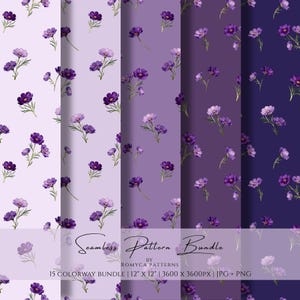Può includere: Un pacchetto di motivi digitali senza cuciture con fiori di cosmo viola su cinque diverse tonalità di viola, dal lavanda chiaro al viola intenso. Il testo recita Seamless Pattern Bundle by ROMYCA PATTERNS 15 COLORWAY BUNDLE | 12" X 12" | 3600 X 3600PX | JPG + PNG.