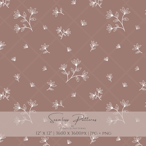 May include: A seamless pattern featuring white line-art flowers on a dusty rose background. The text reads: Seamless Patterns by ROMYCA PATTERNS 12" x 12" | 3600 x 3600PX | JPG + PNG. The design includes various floral sprigs arranged in a repeating layout.