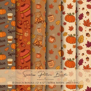May include: A digital seamless pattern bundle featuring six vertical panels with autumn themes including pumpkins, coffee cups with text, sweaters, scarves, mittens, bears wrapped in blankets, acorns, and various colorful fall leaves.