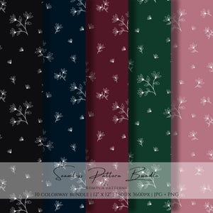 May include: A digital seamless pattern bundle featuring five vertical panels in black, navy, burgundy, forest green, and dusty rose. Each panel displays a repeating white line-art floral motif. Text reads: Seamless Pattern Bundle by ROMYCA PATTERNS.