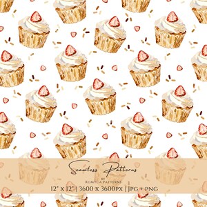 Strawberry Cupcake Seamless Pattern, Dessert Digital Paper PNG, Sweet Bakery, Kawaii Background, Food Seamless