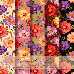 Pacchetto di motivi senza soluzione di continuità con fiori di cosmo colorati, carta digitale floreale dai colori vivaci, sfondo botanico primaverile con fiori selvatici.