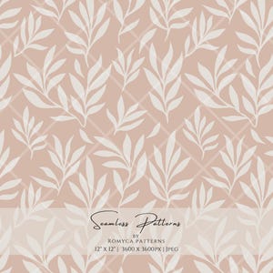 May include: A seamless pattern featuring white leaf silhouettes on a blush pink background with a subtle grid overlay. The design includes the text "Seamless Patterns" and "12" x 12"" at the bottom.