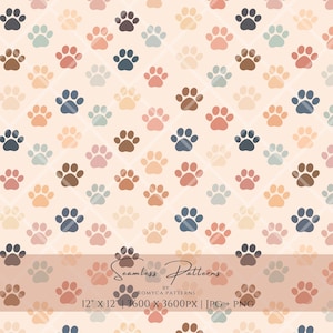 May include: A seamless digital pattern featuring repeating paw prints in shades of brown, peach, blue, and cream against a light beige background. The image includes text that reads Seamless Patterns by ROMYCA PATTERNS 12" x 12" | 3600 x 3600PX | JPG + PNG.