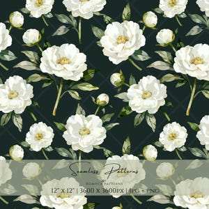 Sömlöst blommönster med vit pion, mörkgrönt blommigt elegant digitalt papper PNG, direktnedladdning