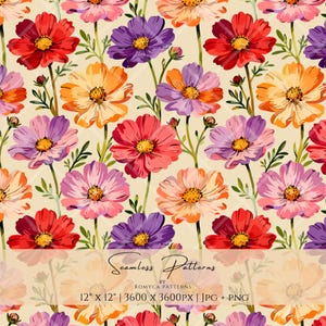 Colorful Cosmos Floral Seamless Pattern, Retro Wildflower Digital Paper PNG, Boho Botanical, Vibrant Cottage-core