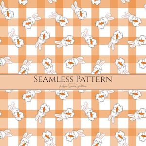 Peut inclure: Motif sans couture avec des lapins blancs de dessin animé tenant des carottes, sur un fond à carreaux orange et blanc. Les mots "SEAMLESS PATTERN" sont affichés dans une bannière. Le thème est Pâques et le printemps.