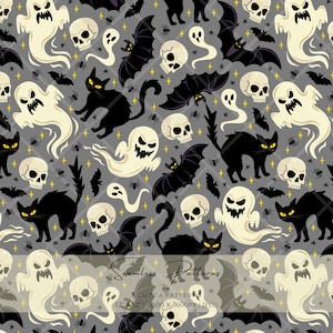 Puede incluir: Un patrón continuo sobre fondo gris con ilustraciones de fantasmas blancos, gatos negros con ojos amarillos, calaveras blancas, murciélagos negros y pequeñas arañas negras, con estrellas amarillas. Texto: Seamless Patterns by ROMYCA PATTERNS 12" X 12" | 3600 X 3600PX | JPEG.
