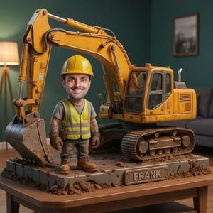 Puede incluir: Un modelo de excavadora amarilla se asienta sobre una base rectangular con una placa metálica grabada con el nombre FRANK. Junto al vehículo de construcción hay una figura de un trabajador con casco amarillo y chaleco reflectante.