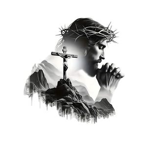 May include: Black and white illustration of a person wearing a crown of thorns, with a cross and mountain range overlay. The person is in a praying position, with hands clasped. The image has a grayscale color scheme.