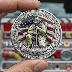 May include: A circular silver-toned commemorative coin featuring a relief of a kneeling firefighter in full gear holding an axe. Behind the figure is a waving American flag. A banner at the bottom reads HONOR - SERVICE - SACRIFICE.