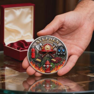 May include: A circular commemorative coin featuring the name STEPHEN and the years 2011-2026. The design includes a red firefighter helmet, a fire hydrant, a fire extinguisher, a gas mask, an axe, and folded gloves, all set against flames.