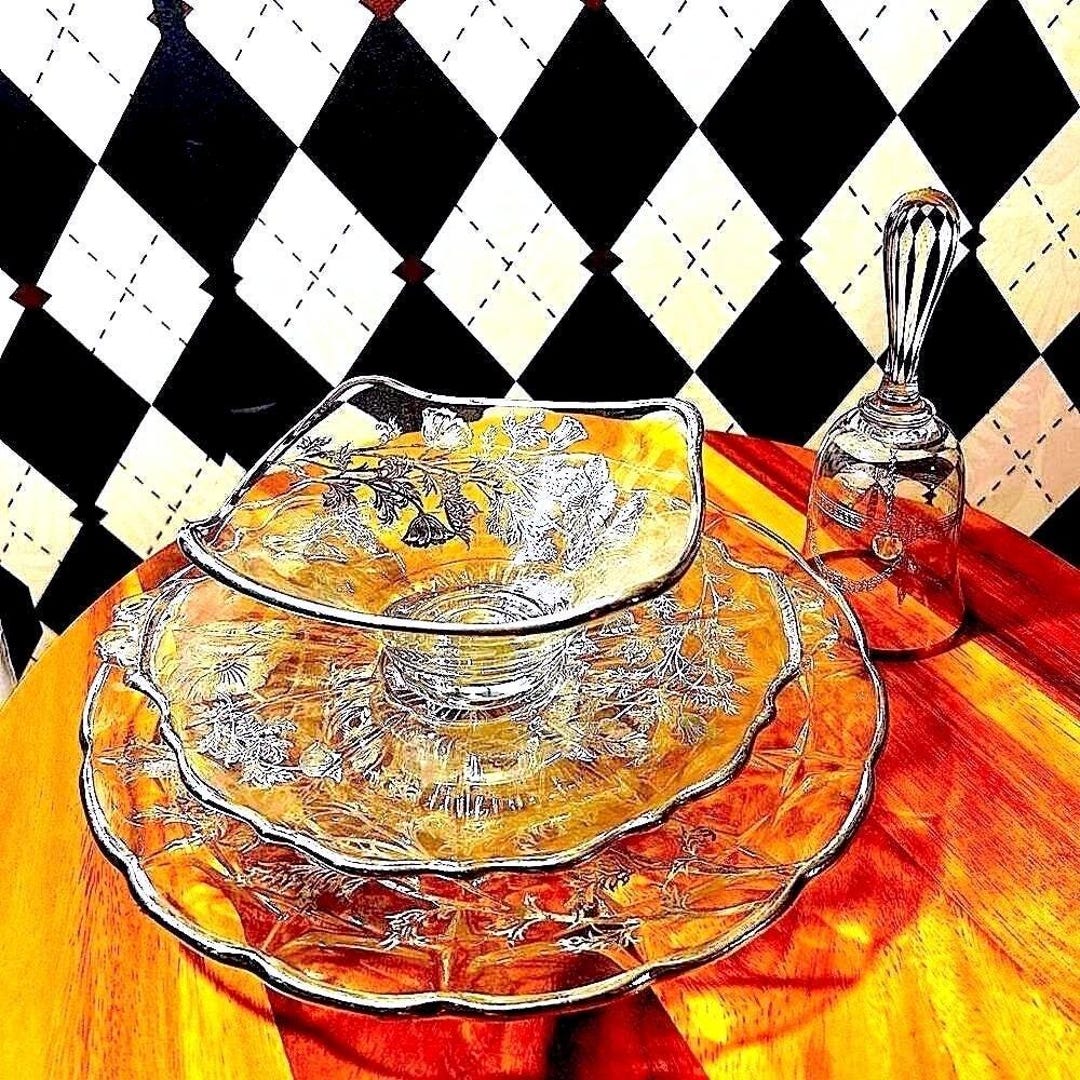 Vintage Silver Inlay Glassware Set | Bell, Serving Plate, Bowl & Tray ...