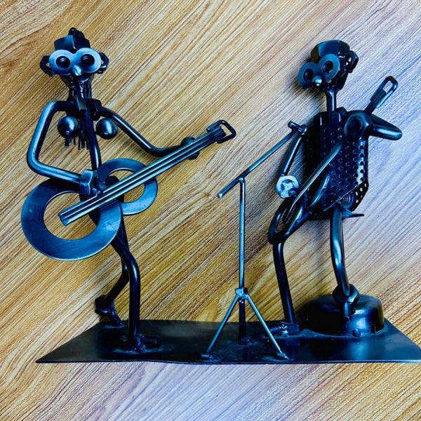 Metal Musician Sculpture Drummer and Guitarist Welded Steampunk Band Duo