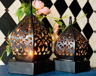 Moroccan Lantern Candleholders Black Pierced Metal Decor Pair