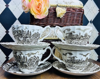 Royal Mail Ironstone England Bone China Brown Transferware Teetassen Untertassen 4er-Set