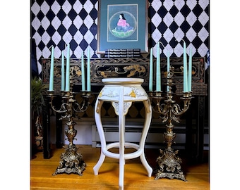 Vintage Chinoiserie Tall Stool Side Table 25" Mother of Pearl Figures Glass Top