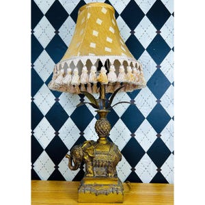 Hollywood Regency Table Lamp Ornate Base, Tasseled Shade Elephant & Pineapple