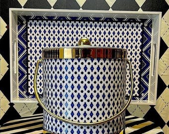 Blue & White Ice Bucket and Tray Set with Gold Trim | Bar Cart Glam The Gremleys